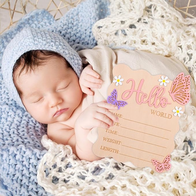 Welcome Baby Sign, Hello World Newborn Sign, Pink Baby Name Announcement Mark, Butterfly Chrysanthemum Birth Announcement Signs for Girls And Boys in Hospitals, Nursery And Family Use.