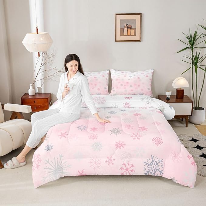 Feelyou Pink Snowflake Comforter Set Twin, Glitter Snowflake Comforter for Boys Girls Winter Theme Bedding Set Winter Holiday Duvet Set Decorative 2Pcs