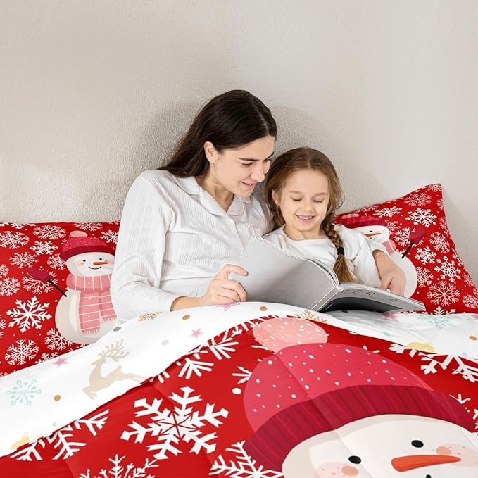 Feelyou Christmas Comforter Set All Season Snowman Red Bedding Set with 2 Pillow Cases Xmas Snowflakes Microfiber Kids Full Bedclothes Winter Snow Bedroom Decor Duvet Quilt Breathable Soft Lightweight
