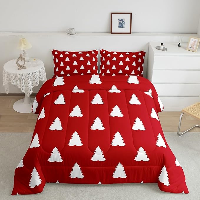 Feelyou Red Christmas Trees Bedding Set for Kids Boys Girls Toddler Size Xmas Comforter Set Ultra Soft Winter Comforter Holiday Decor Duvet Quilt Bedroom Decor Christmas Ornaments Quilt