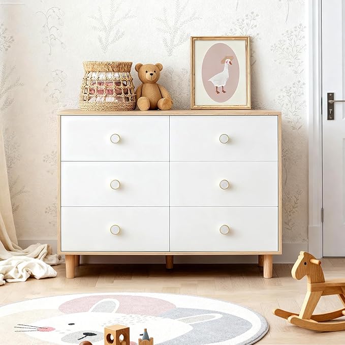 White Dresser for Bedroom, 6 Drawer Dressers with Solid Wood Legs, Baby Dresser for Kids, Storage for Clothes and Baby Essentials