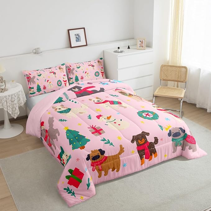 Erosebridal Cute Dog Comforter Set Queen Size Puppy Dog Cartoon Xmas Bedding Set Christmas Tree Quilts for Kids Boys Girls Bedroom Decor Snowman Duvet Insert with 2 Pillow Cases