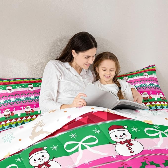 Feelyou Merry Christmas Tree Kids Comforter Set Toddler Size Cute Snowman Bedding Set Santa Claus Duvet Quilt for Kids Boys Girls Bedroom Cartoon Bowknot Decor Microfiber Ultra Soft Breathable