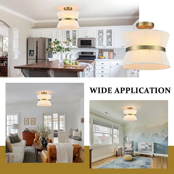 Gold Semi Flush Mount Ceiling Light 2-Light Modern Drum Dining Room Lighting Fixture 12.6” Beige Fabric Lamp for Bedroom Entryway Hallway Foyer Kitchen Island Living Room Nursery