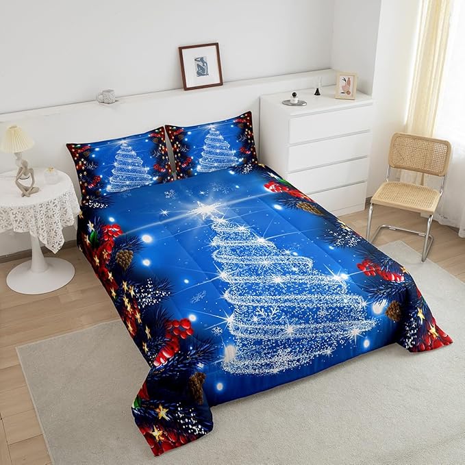 Feelyou Kids Merry Christmas Decorations Comforter Set, Kids Santa Tree Bedding Set Full Size for Boys Girls Teens Xmas Christmas Bell Decor Comforter Glitter Blue Quilt Set
