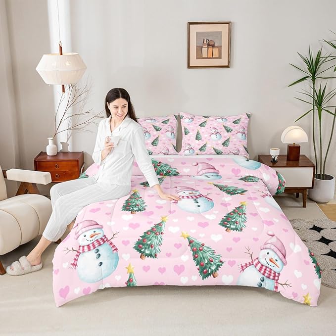 Feelyou Merry Christmas Comforter Set All Season Cute Snowman Bedding Set with 2 Pillow Cases Christmas Tree Microfiber Kids Queen Bedclothes Love Hearts Duvet Quilt Breathable Soft Lightweight