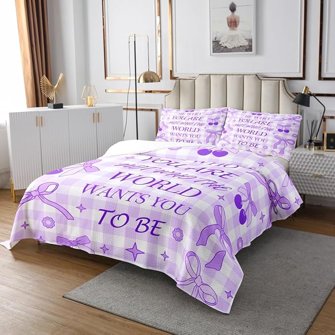 Purple Bowknot Bedspread Queen Size,Cherry Stars Daisy Flowers Romantic Coverlet Set,Girls Women Room Decor,Bow Tie Geometric Plaid Patchwork Quilted Coverlet,Dreamy Bedding Quilt,2 Pillowcases