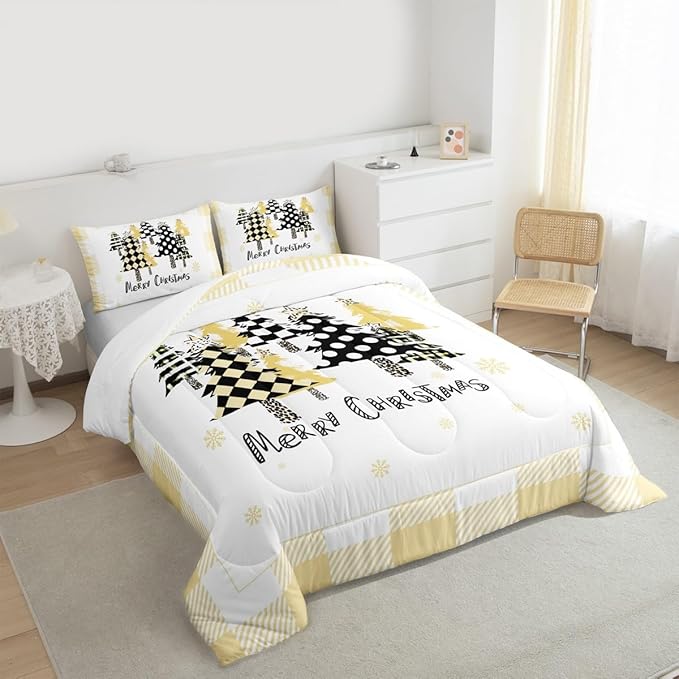 Manfei Xmas Tree Comforter Set Full Size, Yellow Plaid Grid Snowflake Down Comforter with 2 Pillowcases, Christmas Theme Bedding Set 3pcs for Kids Girls Adults Room Decor New Year Duvet Insert
