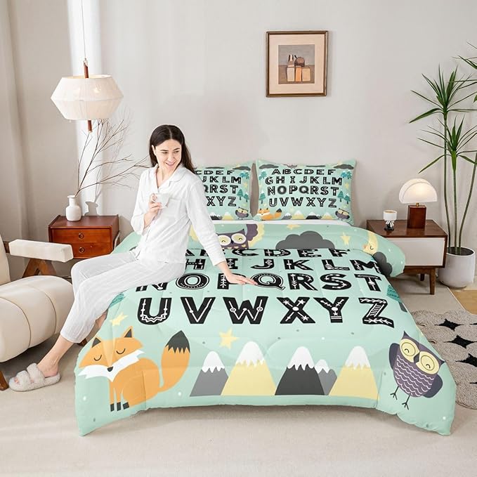 Feelyou Alphabet Kids ABC Learning Comforter Set All Season Cute Fox Bedding Set with 2 Pillow Cases Educational Nursery Art Microfiber Kids Full Bedclothes Woodland Animals Bedroom Decor Duvet Quilt