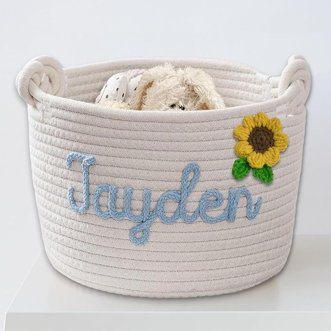 Personalized Dog Toy Basket Custom Rope Woven Box with Pet's Name Dog Storage Organizer with Handles Cute Toy Bin for Cat White