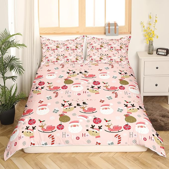 Manfei Christmas Duvet Cover Set Twin Size, Santa Claus and Reindeer Bedding Set 2pcs for Kids Girls Adult, New Year Theme Comforter Cover Soft Polyester Quilt Cover with 1 Pillowcase,No Comforter