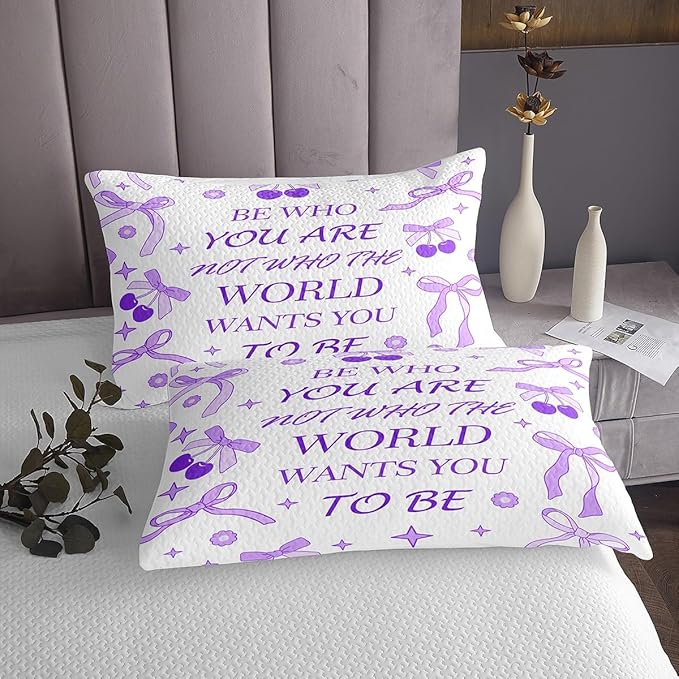 Purple Bowknot Kids Bedspread Queen Size,Cherry Tropical Fruit Stars Daisy Cute Coverlet Set,Girls Women Room Decor,Bow Tie Cartoon Princess Quilted Coverlet,Romantic Bedding Quilt,2 Pillowcases