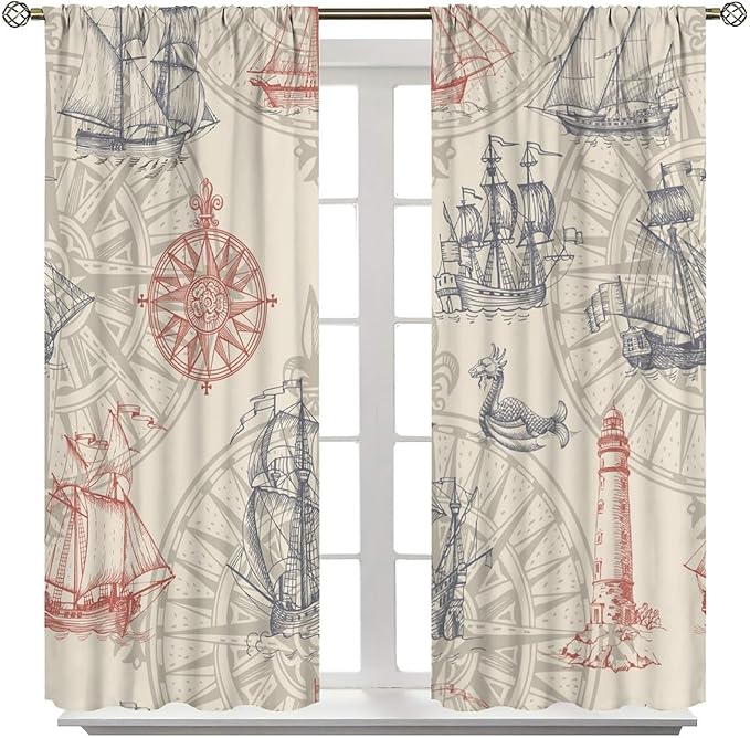 Abstract Nautical Curtain Set Seahorse Curtain for Kids Yellow Polyester Fabric Bedroom Curtain Set 2 Panels,63x63 Inches