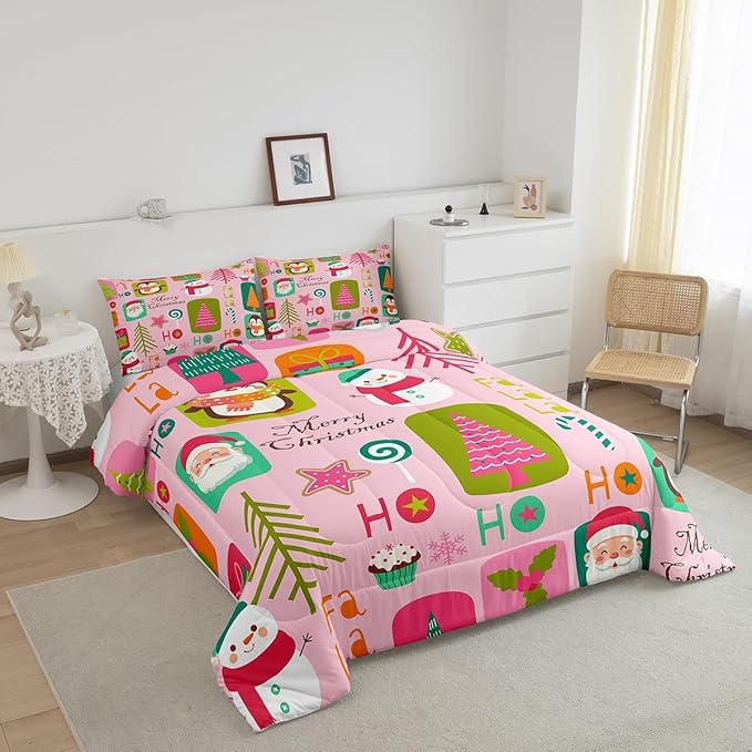 Erosebridal Christmas Kids Comforter Set Queen Size Cartoon Santa Claus Quilts Boys Girls Room Decor Merry Xmas Penguin Bedding Set Christmas Tree Snowman Down Comforter,Pink