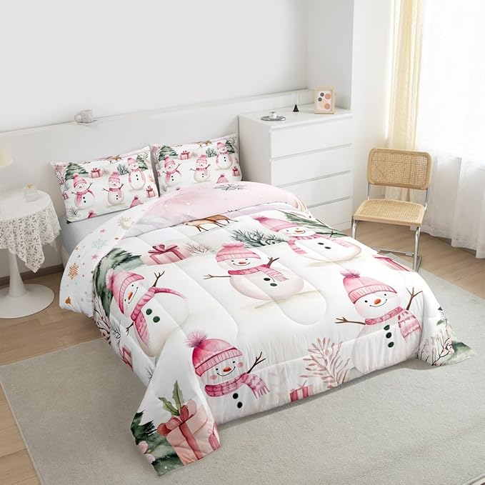 Manfei Merry Christmas Comforter Set Toddler Size,Cute Snowman Pine Trees Deer Bedding Set 2pcs,New Year Theme Down Comforter for All Season,Kids Boys Girls Room Decor,1 Pillowcase,No Sheets