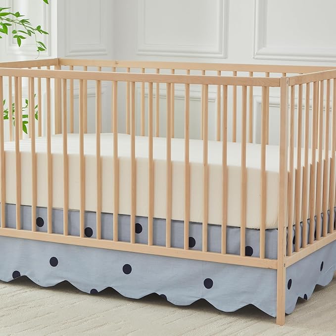 Brandream Scallop Edge Cotton Crib Skirt, Baby Boy Girl Gender Neutral Crib Skirt Toddler Bedskirt Farmhouse Chic Nursery Crib Bed Skirt, Boho Bohemian Solid Mist Blue Polka Dots