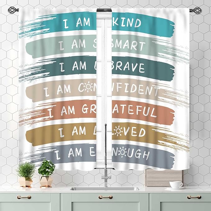 Rainbow Curtains for Classroom, Kids Girls Baby Boho Cute Inspirational Motivational Quotes Cartoon Colorful Pastel Nursery Classroom Bedroom Living Room Bathroom Window Drapes 2 Panels, 55x39 Inch