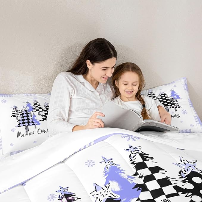 Manfei Xmas Trees Comforter Set King Size, Blue Plaid Grid Snowflake Bedding Set 3pcs for Kids Girls Boys Adults Room Decor, Christmas Theme Down Comforter New Year Quilt Set with 2 Pillowcases