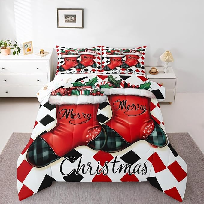 Feelyou Merry Christmas Comforter Set Full Size Cartoon Shoes Bedding Set for Kids Boys Girls Duvet Quilt Winter Bedroom Decor Microfiber 3 Pcs with 2 Pillow Cases
