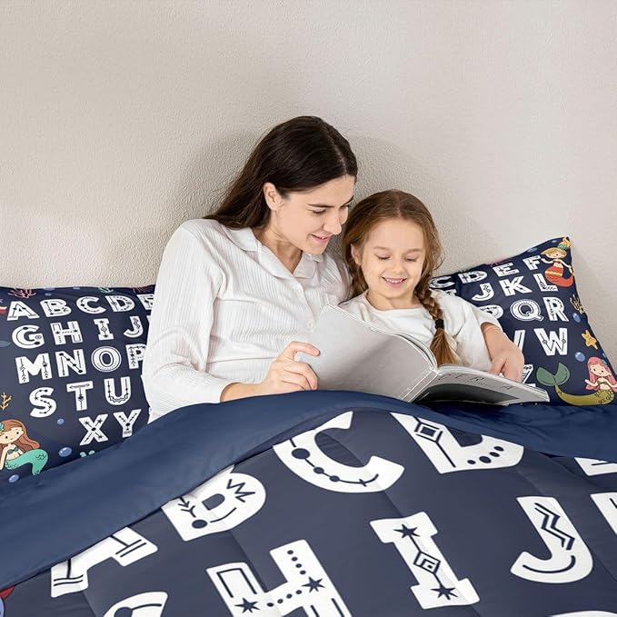 Feelyou Alphabet Kids ABC Learning Bedding Set Soft for Boys Girls, Cute Mermaid Comforter Set Twin Size Educational Nursery Art Duvet Quilt Microfiber Sealife Bedroom Decor 2 Pcs with 1 Pillow Cases