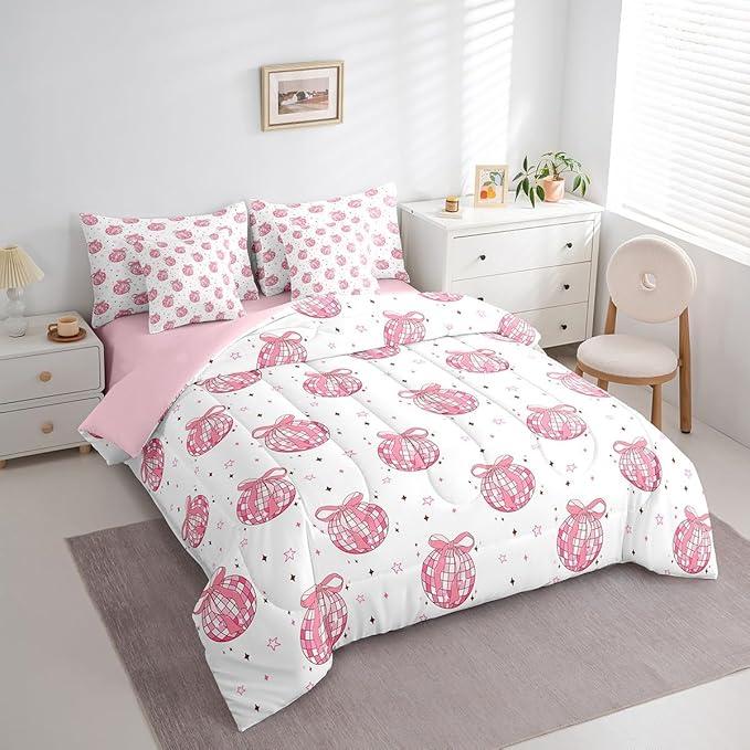 7 Pieces Bow Tie Princess Comforter Queen,Western Cowgirl Disco Crystal Ball Dreamy Bedding Set,Star Bowknot Patchwork Romantic Pink（Comforter+Fitted+Flat Sheet+2 Pillowcases+2 Throw Pillow Covers）