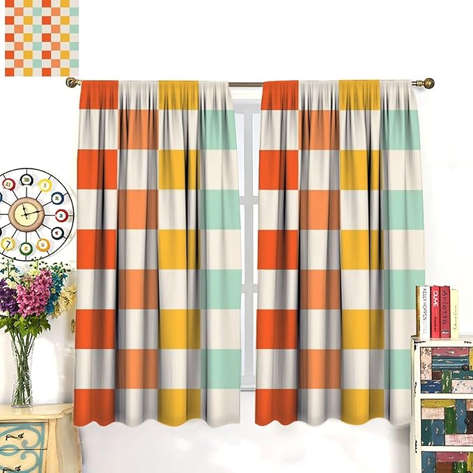 70s Retro Curtains,Cute Green Pink Yellow Checkered Hippie Window Treatments for Kids Girl Bedroom Window 42"" W X 54"" L, Style-7