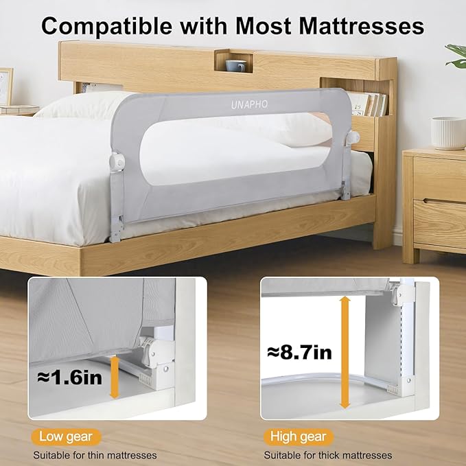 Bed Rail for Toddlers,Swing Down Kids Beds Rails Guard for Twin,Full,Queen,King,Bunk Size Bed,Extral Tall Child Bed Rail Guard with Reinforced Anchor Safety System (Grey, 59inch,1 Side)