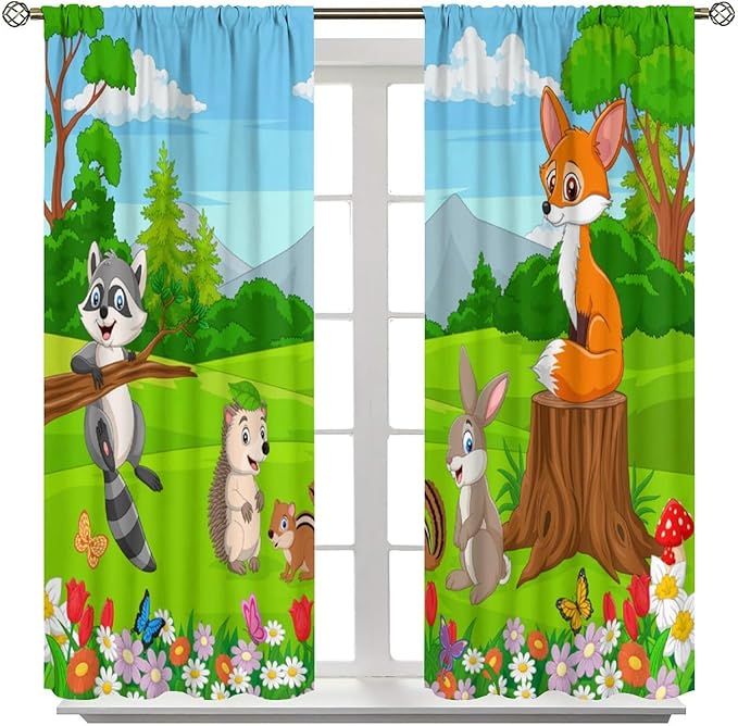 Safari Animal Curtains for Kids Cartoon Woodland Wildlife Jungle Animals Window Treatments for Boys Girls Bedroom Cute Fox Forest Nursery Children Drapes for Living Room W42xL63(Decor)