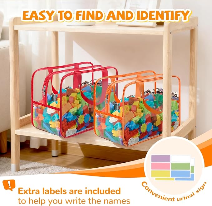8 Packs Widen X-Large Toy Storage Bags 12.6×9.25×6.9In with Labels, Reusable Clear PVC Board Game Storage, Travel Waterproof Organizer Bags with Zipper for Building Blocks, Puzzle, Stuffed Animals