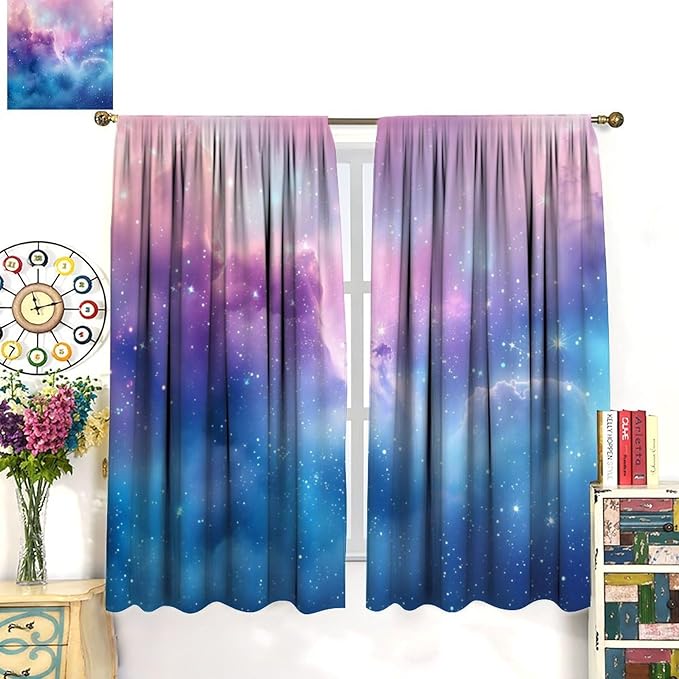 Starry Sky Galaxy Curtains, Outer Space Glitter Dreamy Gradient Romantic Blackout Window Curtains Drapes for Kids Girls Boys Adults Bedroom Nursery 63" W X 63" L