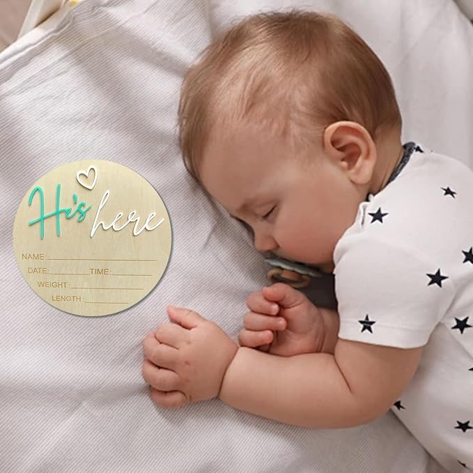 Baby Announcement Sign, 5.9 Inch Wooden Hello World Newborn Signs, Birth Announcement Sign, Gender Reveal Signs, He's here Decoration, Welcome Newborn Arrival To World, Hospital Nursery for Baby (Green He's)
