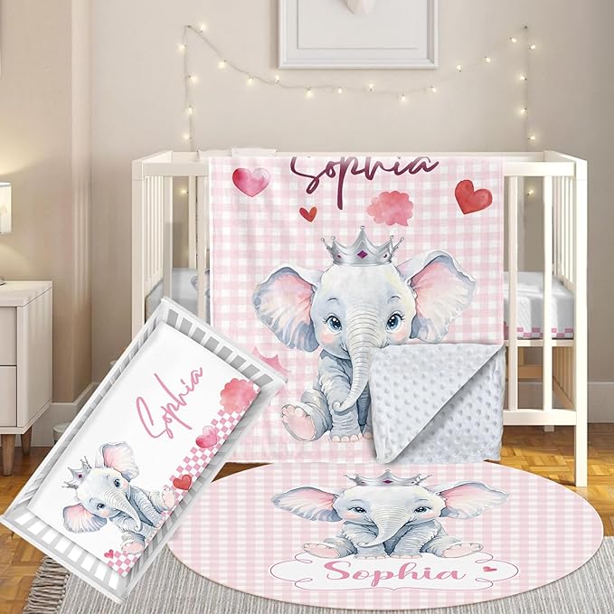 Custom Baby Crib Bedding Set, 3 Pcs Personalized Nursery Bedding Set with Name, Soft Baby Bedding Crib Sets with Blanket - Toddler Crib Set for Girl Boy, Infant Newborn Gift, Pink Cute Elephant