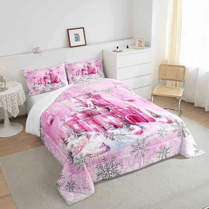 Pink Castle Full Size Comforter Set,Cartoon Fairy Tale Theme Watercolor Bedding Comforters Bedroom Collection,Christmas Winter Silver Snowflakes Bedding Set for Girls Teens