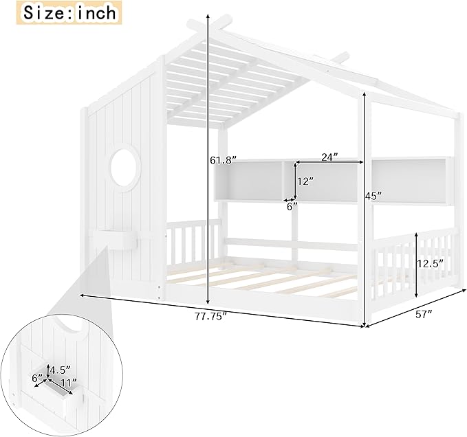 Full Size House Bed with Storage Shelves for Kids,Kids Montessori Floor Bed, Cute Wood House Bed Frame Full with Roof for Girls,Boys,Can be Decorated,White