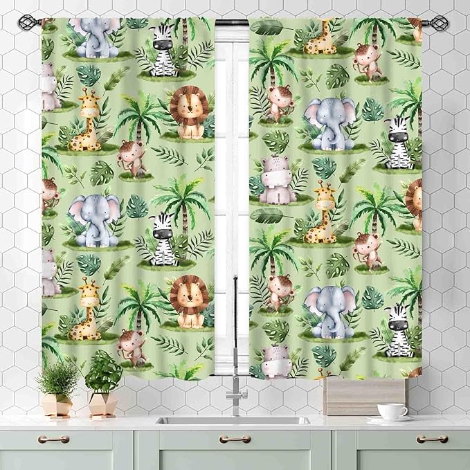 Jungle Safari Animals Curtains, Cartoon Animals Lion Giraffe Elephant Woodland Tropical Leaf Green Window Drapery for Kids Boys Girls Baby Living Room Bedroom Nursery 2 Panels, 55x39 Inch