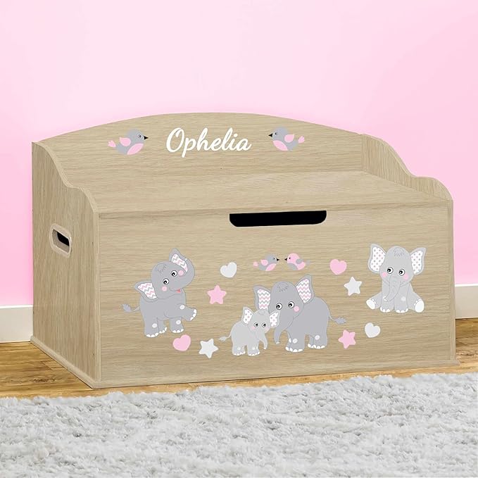 DIBSIES Personalized Creative Wonders Toy Box, Pink Elephants, 30 x 19.25 x 18 inches, Soft-Close Lid (Natural)