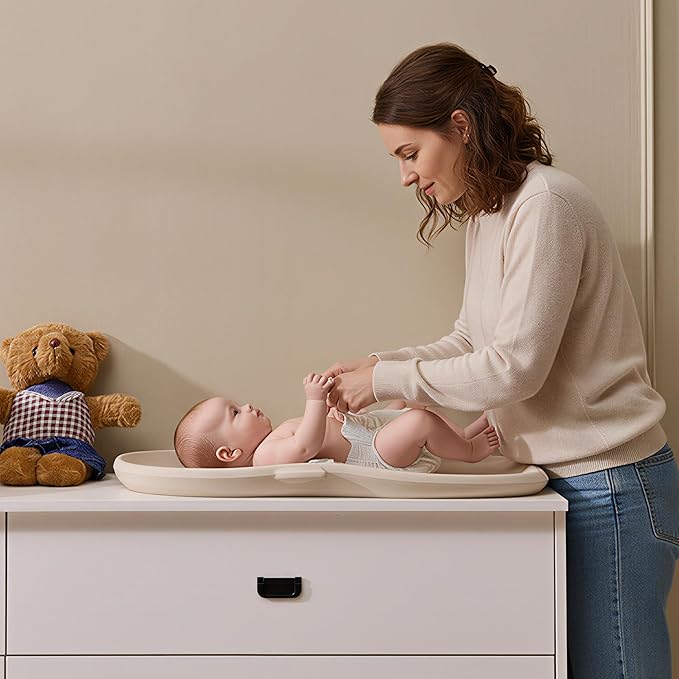 Luxury Little Portable EVA Baby Changing Pad Waterproof Changing Pad for Diaper Changes,Dressing,Baby Massage & Moisturizer Application,Soft & Non-Slip,Adjustable Safety Belt,Penguin Design,Beige