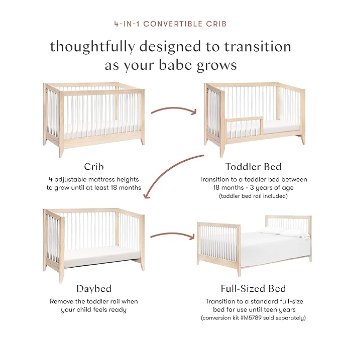 Babyletto Sprout 4-in-1 Convertible Crib with Toddler Bed Conversion Kit in Washed Natural and White, Greenguard Gold Certified