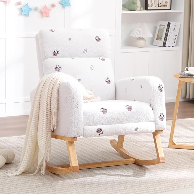 Rocking Chair Nursery with Foot Rest, Nursing Rocking Chairs for Mom Breastfeeding, Teddy Rocker Glider Chair with High Backrest for Living Room, Bedroom, Cow Printed White
