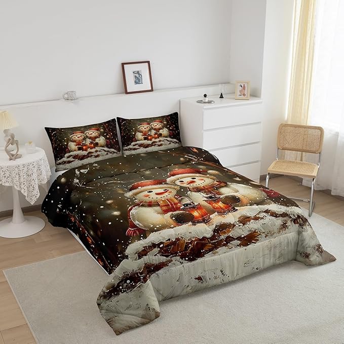 Manfei Kawaii Snowman Kids Comforter Set Queen Size,Dead Tree Winter Snow Romantic Bedding Set,Boys Girls Room Decor,Merry Christmas Down Comforter,Black White Duvet Insert,2 Pillowcases