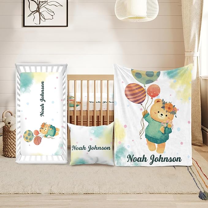 Custom Crib Bedding Set - Bear Design Personalized Name Baby Nursery Bedding 3 Pcs Set - Chic Soft Blanket, Sheet, Pillowcase for Newborns Boys Girls Gifts Color01
