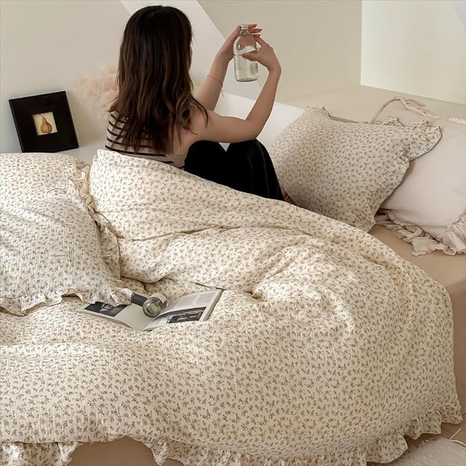 BuLuTu Muslin Kids Duvet Cover for Full Size Bed, Vintage Farmhouse Duvet Covers with Ruffles, Soft Cotton Comforter Cover, Camellia, Zipper Closure & Corner Ties, No Comforter