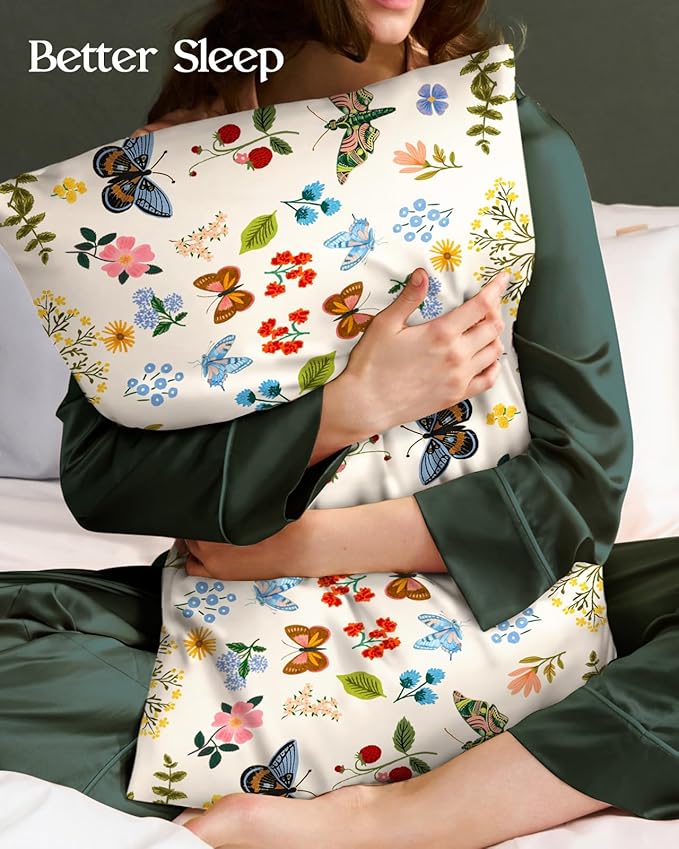 Silk Pillowcase 2 Pack - Pillow Cases 20" x 36" King Size Set of 2 for Hair and Skin Smooth Soft Breathable with Hidden Zipper Cooling Pillow Covers for Sleeping, Butterfly Leaf
