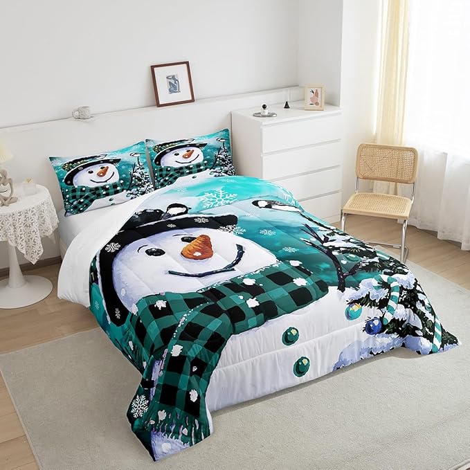 Feelyou Kids Christmas Theme Decorations Bedding Set Xmas Snowman Comforter Set for Boys Girls Watercolor Teal Bedroom Collection King Size