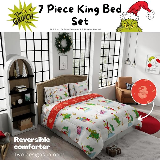 Grinch by Dr. Seuss Holiday & Christmas Bedding Super Soft Comforter and Sheet Set with Sham, 7 Piece King Size (Official Dr. Seuss Product) by Franco