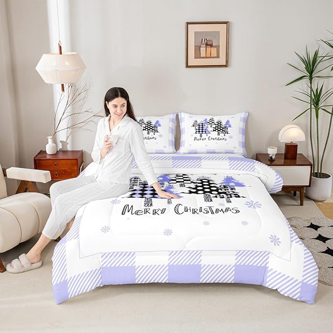 Manfei Xmas Trees Comforter Set King Size, Blue Plaid Grid Snowflake Bedding Set 3pcs for Kids Girls Boys Adults Room Decor, Christmas Theme Down Comforter New Year Quilt Set with 2 Pillowcases