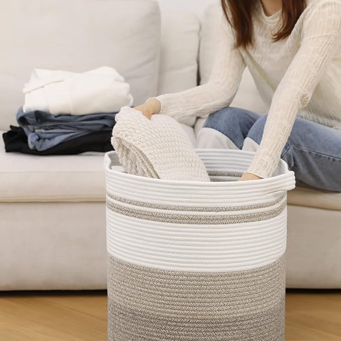 laundry hamper 18x18x20,80L – large basket for blankets, toy basket,Cotton Rope Blanket Basket Living Room, Baby Laundry hamper for Blanket, Nursery, –stuffed animal storage ( Triple brown)
