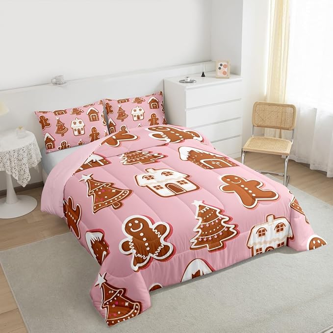 Feelyou Christmas Comforter Set King Size Gingerbread Man Bedding Set for Kids Boys Girls Snowflake Duvet Quilt Xmas Tree Bedroom Decor Microfiber 3 Pcs with 2 Pillow Cases
