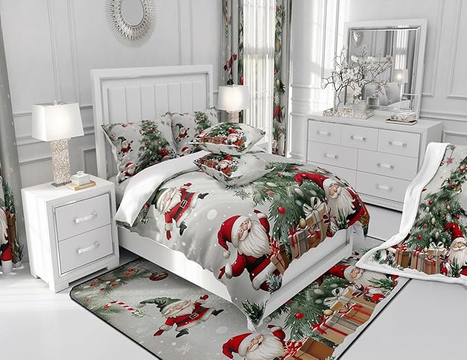 Merry Christmas Comforter Set Twin Size,Christmas Tree Snowflake Bedding Set for Kids Boys Girls Room Decor,Santa Claus X'Mas Theme Quilt Set 2Pcs,Star Polka Dot Glitter Duvet Insert,1 Pillowcase