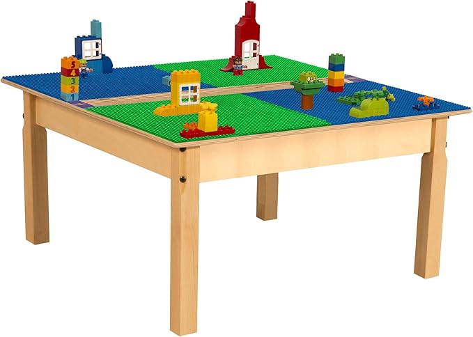 Time-2-Play Kids Wooden 35" W Square Compatible with Duplo Play Table with 16" Long Maple Legs, Montessori Building Blocks Desk with Trough for Toddlers Playroom [Blue and Green]